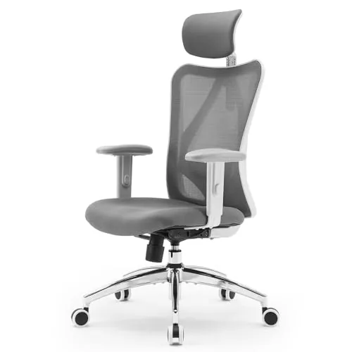 SIHOO Silla de Oficina ergonómica M18, Silla de Escritorio con reposacabezas Ajustable y Soporte Lumbar, Silla ejecutiva giratoria con Respaldo Alto para Oficina en casa (Blanco Grisáceo)