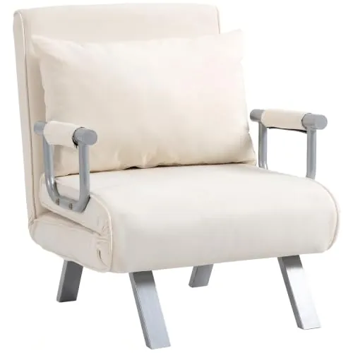 HOMCOM Sofá Cama de 1 Plaza 2 en 1 Sillón Cama Plegable 65x69x80 cm Crema | Tapizado en Ante Sintético, Respaldo Ajustable en 5 Niveles, Almohada Acolchada, para Oficina Dormitorio Salón