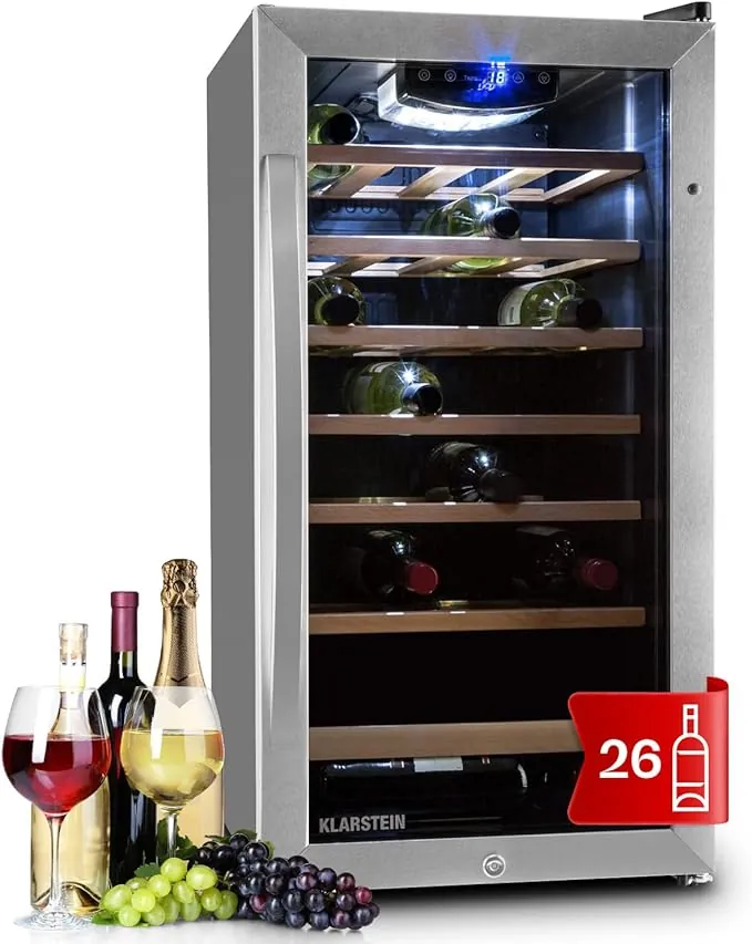 Klarstein Vinoteca 26 Botellas, Nevera Vinos, Una Zona de Refrigeración, Nevera Expositora Vino y Cerveza, Vinoteca Interior y Exterior con Puerta de Cristal, Nevera Vino con Protección UV, 5-18°C