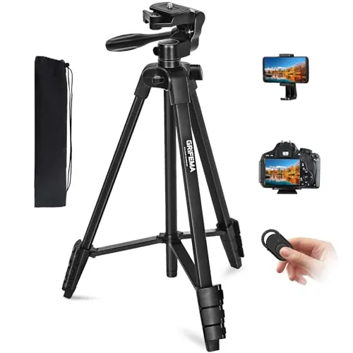GRIFEMA Trípode Cámara de Movil, 140cm Aluminio Tripode para Movil con Control Remoto Desmontable y Barra Movimiento, Rotación, Flexible, Compatible con iPhone, Android Telefonos, Camara Pequeña