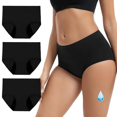 INNERSY Bragas Menstruales Altas Flujo Abundante Braguitas Absorbentes Mujer Bambú Negras Pack de 3 (M, 3 Negro)