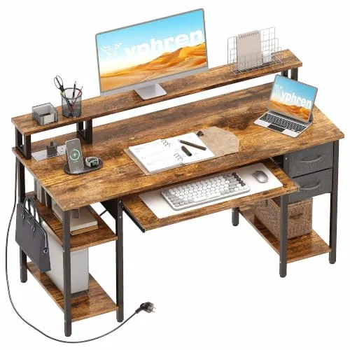 Xyphren Escritorio con 2 cajones, Estante Lateral Ajustable en Altura, Soporte Monitor, Enchufe y Bandeja Teclado, Escritorio Gaming para Home Office, Oficina y salón,140x50cm, Marrón