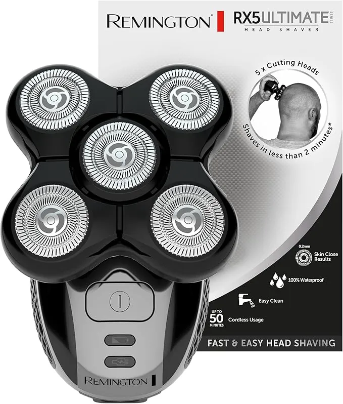 Remington Afeitadora Cabeza Hombre 5 cabezales: afeitado en 2 min Ultimate Series RX5 apura hasta 0,2 mm, autonomía de 50 min, resistente al agua, cuchillas flexibles, neceser de viaje XR1501