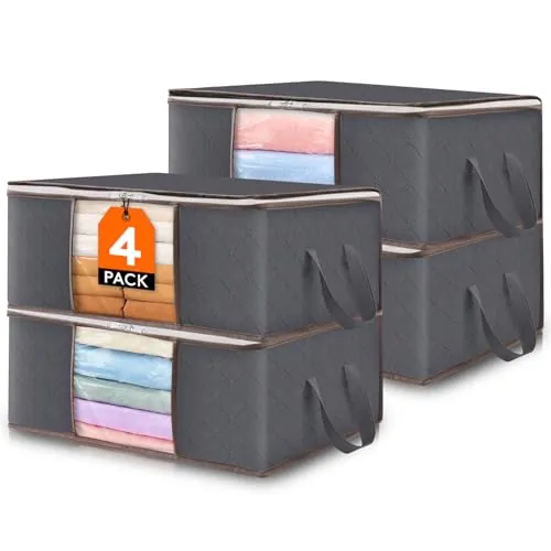 Lifewit Cajas Almacenaje Ropa Plegable con Asa Reforzada, Organizador Armario de Tejido Resistente y Ventana Transparente, Bolsas para Guardar Ropa, Mantas, Gris, 35 L, 4 Piezas