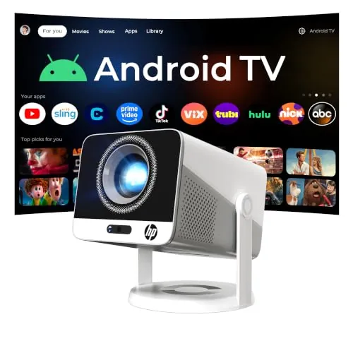 HP Proyector con Apps, Compatible con Batería Externa USB-C, 4K MC425 | Mini Proyector Nativo 1080P WiFi Bluetooth, Auto Enfoque y Corrección Trapezoidal, Altavoz HiFi Portátil Exterior
