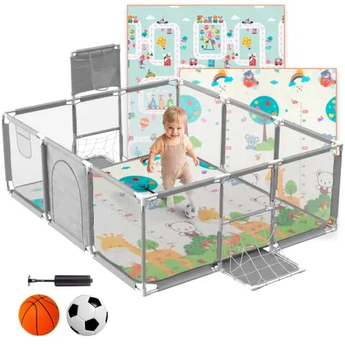 Parque Infantil Bebe + Alfombra de Juego + Pelota de Futbol y Baloncesto - Corralito de Bebé Plegable 180 x 120 x 60cm - Parque de Juegos Bebé Con Malla Transpirable (Gris con Alfombra)