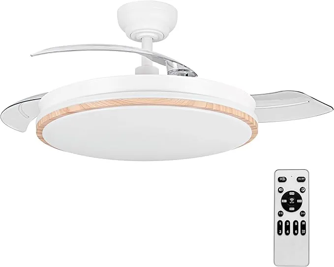 LEDUNI Ventilador con Luz LED 72w 7590LM con mando a distancia, Motor DC temporizador, 6 velocidades, aspas retráctiles, 3 temperaturas de luz, función verano-invierno Silencioso (Madera)