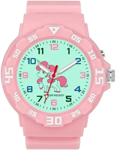 TENOCK Reloj Analógico Niños con Correa Suave: Diseño Dinosaurio/Unicornio, Luz Nocturna, Resistente al Agua 30M y Fácil de Leer para Edades 4-12 Años (Rosa)