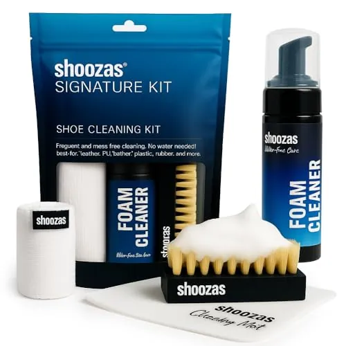 Shoozas - Kit de Limpieza Zapatillas - Limpiador en Espuma, Alfombrilla Impermeable, Cepillo y Toalla de Microfibra - Ideal para Cuero, Goma, Plástico y Suelas - Sin Agua, Sin Tóxicos, Secado Rápido