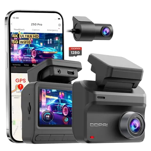 DDPAI Z50 Pro Dashcam, 4K+1080P Cámara Coche Grabadora con Tarjeta de 128 GB, Visión Nocturna AI-ISP, 5GHz Wi-Fi 6, GPS, 4G LTE Compatible, Modo Estacionamiento 48H, Pantalla IPS de 3'', Sensor G
