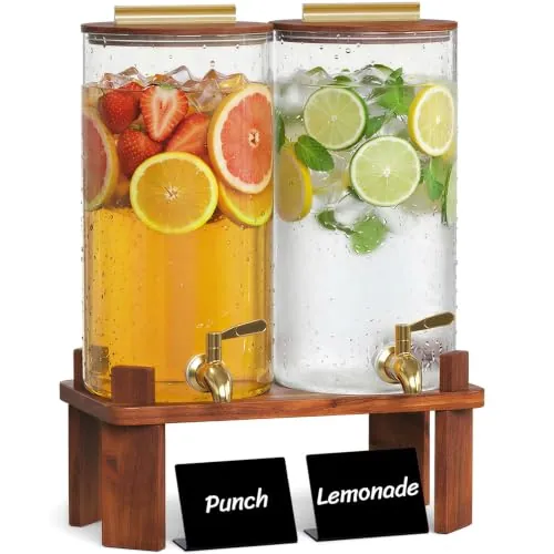 Lifewit 5,6L× 2 Dispensador de Bebidas con Grifo, Envases de Vidrio | Dispensador Bebida con Soporte de Madera y Letreros Borrables, Jarra Agua para Cócteles, Jugos, Limonada y Té