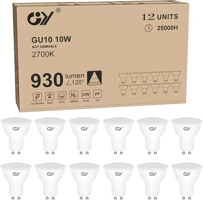 GY Bombillas LED GU10, 10W 930LM 2700K Blanco Calido, 110° Ángulo de haz, se pueden usar para iluminación de inundación amplia integrada, listada en CE, No regulable, 12 Unidad (Paquete de 1)