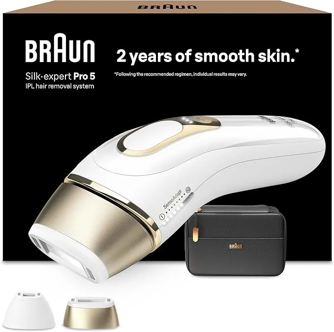 Braun Luz Pulsada Silk-expert Pro 5, Alternativa a Depiladora Laser, Eliminación Del Vello En Casa, Depiladora IPL Con Funda y 2 Cabezales Para Cara y Cuerpo, Blanca/Dorada, PL5140