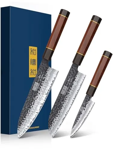 HOSHANHO Juego de 3 Piezas de Cuchillos de Acero de Alto Carbono Japones | Ultra Afilado Juego de Cuchillos de Cocina, Cuchillo de Chef Cuchillo Santoku Cuchillo para Pelar, Mango Ergonómico