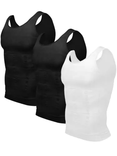 Odoland Camiseta Reductora Hombre Compresión Pack de 3 Camisetas Interior Chaleco Adelgazante para Hombre, Nergo/Nergo/Blanco, L