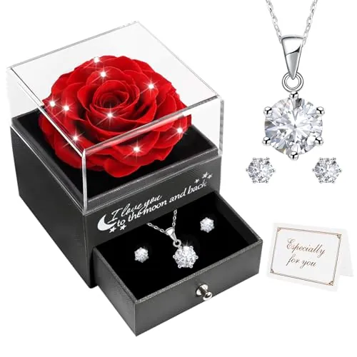 Miofula Regalos Originales para Mujer,Rosa Eterna Natural Preservada con Collar Pendientes Rosa Regalo Cumpleaños Mujer,Regalo Aniversario Pareja Novia,Flor Eterna Regalos Madre Mama Dia de la Madre