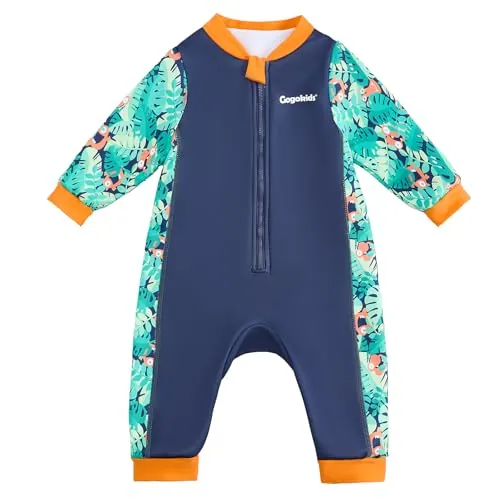 Gogokids Conjunto de neopreno para bebé 0-3 años, traje de baño térmico para niño pequeño, cremallera frontal, traje de baño para bebé con forro de polar, mangas largas, protección solar y contra el