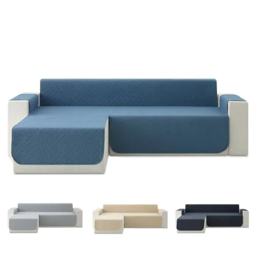 Todocama Funda Cubre Sofá Chaise Long Izquierdo 240 cm, Protector Acolchado Piqué, Antiácaros, Fácil de Limpiar, (Azul Grisáceo)