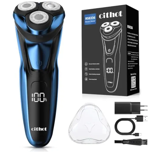 CITHOT Maquinilla de Afeitar Hombre de acero inoxidable impermeable IPX 7, Afeitadora Eléctrica Inalámbrica Recargable para hombre, Afeitado en seco y húmedo, Recortador de barba con pantalla LCD,Azul