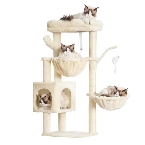 Heybly Arbol Rascador para Gatos, Arbol Gato de 100 cm de Altura con Plataforma Grande, Cueva, 2 Hamacas, Juguetes y Árbol para Trepar con Rascador, Beige HCT006SM
