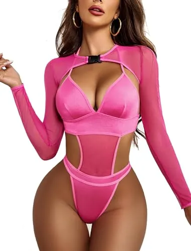 Avidlove Trajes Rave Mujer Conjunto de Lencería Sexy Body Crop Top de Malla | Tejido de Tul Transpirable, Diseño de Halter sin espalda, Bolero Manga Larga con Hebilla, Bodysuit para Fiesta Festival Party