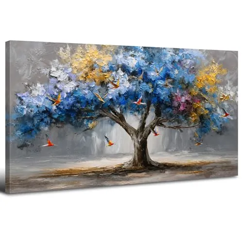 AREBOLO Arte de pared colorido del árbol de la vida para sala de estar, imagen de árbol azul y naranja,dormitorio decoración de pared botánica habitación en pared flores aves obra abstracta 20x40”
