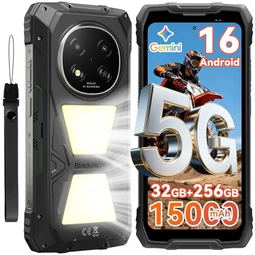 Blackview Rock 2 Pro Movil Irrompible, Android 16 Movil Indestructible 5G 32GB+256GB, 6.67" HD+ Display 120Hz 15000mAh IP69K Móvil Rugerizado, 16MP AI Kamera, NFC/OTG/GPS/Gemini AI/Glove Mode 2.0