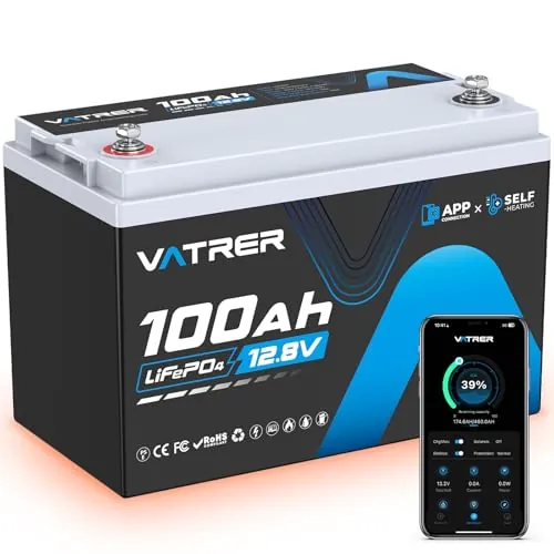 VATRER POWER Batería LiFePO4 12,8V 100Ah Autocalentable Bluetooth | BMS Inteligente 100A·1280Wh Energía Útil·5000+ Ciclos·Autocaravana,Sistema Solar & Aislado