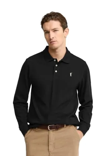 Polo Club Polo de Manga Larga Negro Hombre con Logo Bordado 100% Algodón Regular Fit