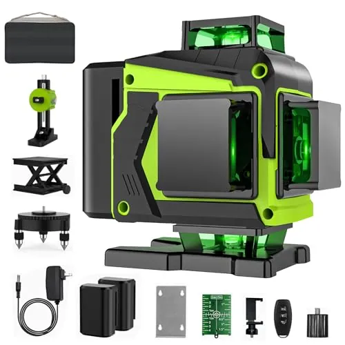 Nivel Laser Autonivelante 360 Grados, 4 x 360 °Nivel Láser 16 lineas,Verde nivel laser 360, 360 Líneas Vertical/Horizontal Conmutables,2 Batería, Control Remoto, Base Magnética,Bolsa Portátil