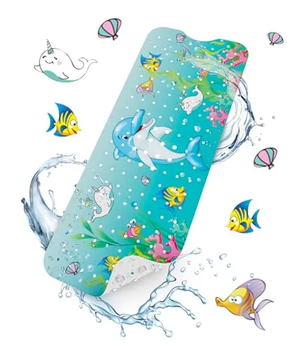 HITSLAM Alfombra Bañera Antideslizante Infantil, 101x40cm Extra Larga Alfombra Ducha Antideslizante, Alfombra Baño con Ventosas y Orificios de Drenaje, Suave para los pies, Lavable a Máquina, Delfín