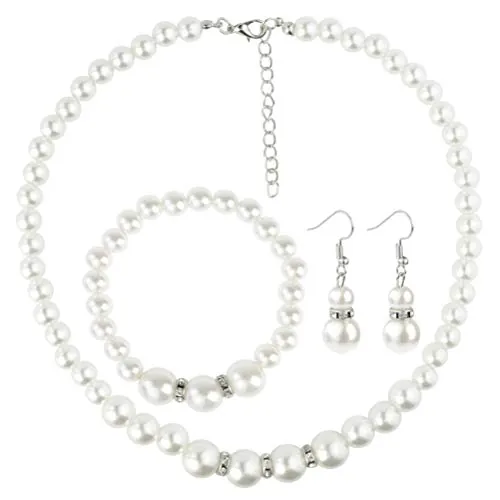 Collar de perlas de imitación para mujer, collar y pulsera, juego de joyas, para bodas, fiestas, regalos, color blanco