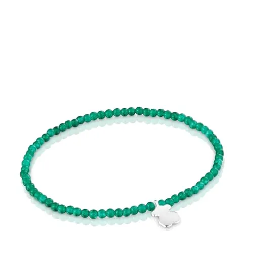 TOUS Pulsera Elástica para Mujer con Bolas Redondas Facetadas de Calcedónia En Color Verde y Motivo Oso de Plata de Primera Ley, 17cm de Largo, Colección Motivos