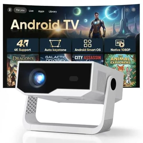 Proyector Portátil 300 ANSI, Mini Proyector 4K con Soporte 270°, Enfoque eléctrico y corrección Trapezoidal automática, Android 1080P, Wi-Fi y Bluetooth, Apps Integradas, para Móvil/PC/TV Stick