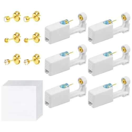 Aucuu 6 Pistolas Desechables para Perforar Orejas, Desechables Herramienta Autoperforante Indolora con Pendientes de Acero Inoxidable, Seguro y Estéril, para Niñas, Mujeres y Hombres