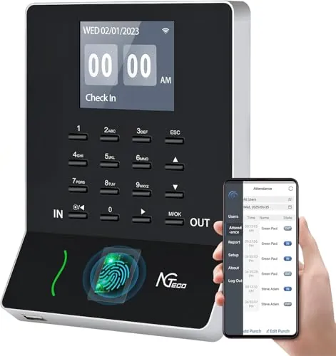 NGTeco WiFi Reloj de fichar,Control horario empleados, Máquina de Asistencia Biométrica de Huellas Dactilares WiFi en Lengua española, aplicación para iOS y Android (0 Tarifa Mensual)