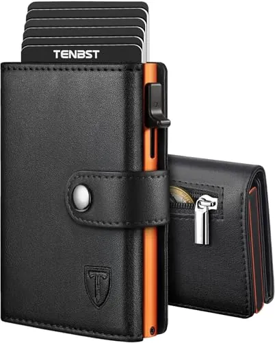TENBST Cartera Hombre de Cuero | Tarjetero con Bloqueo RFID | Cartera Tarjetero Hombre pequeño para Crédito | Billetes y Monedas con Caja de Regalo (Negro-Naranja)
