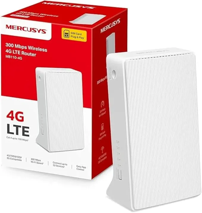 Mercusys - MB110-4G, Router 4G SIM, LTE CAT4, Wi-Fi 300Mbps, Compatible con Todos los operadores, FDD y TDD, Plug&Play, Conecta hasta 32 Dispositivos