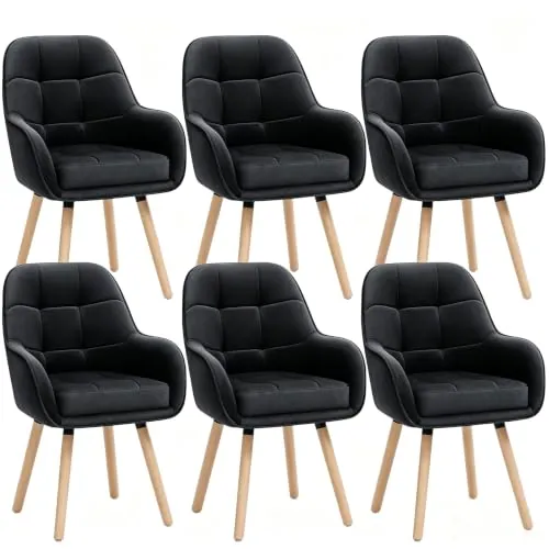 ELUCHANG Silla de Comedor Pack 6, 10cm Grosor Sillones con Reposabrazos Altos, Base Metálica & Patas Madera, Carga Máx.150KG, Negro Terciopelo Silla para Cocina, Salón, Dormitorio