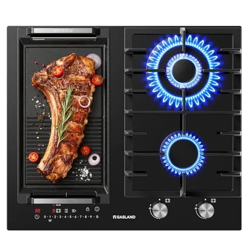 GASLAND GIH604BF Placa gas + inducción 60 cm, Gas 5200 W con quemador wok, Inducción 3500 W con función BBQ, Vidrio negro empotrable (Sin sartén)