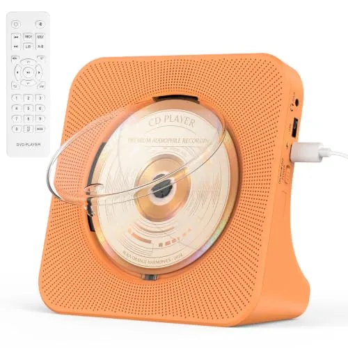 KOVCDVI Reproductor de CD de sobremesa con altavoces y Bluetooth Naranja | Reproductor CD con mando a distancia Cubierta de polvo Pantalla Radio FM Temporizador Puerto de auriculares USB AUX