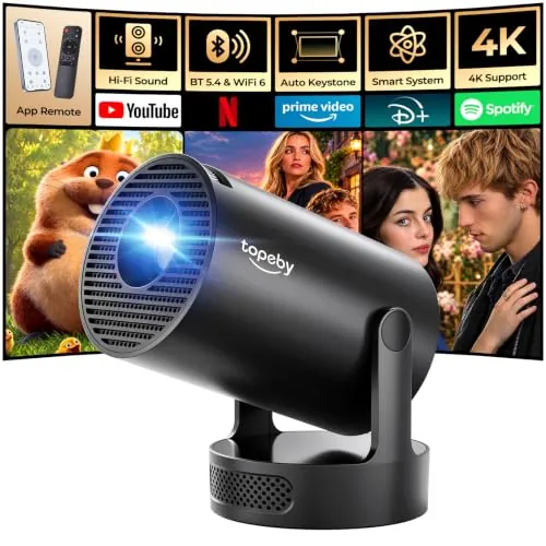 TOPEBY Proyector Portátil, Apps Integradas, Compatible 4K, Auto Keystone, Enfoque Rápido, Altavoces Integrados, Rotación de 270°, Compatible con Mando a Distancia Omnidireccional Smartphone‌