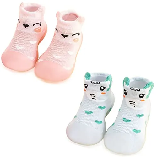 FedMois Pack de 2 Calcetines con Suela de Goma para Bebés Zapatillas Antideslizantes de Primeros Pasos, elefante y zorro, 18 meses