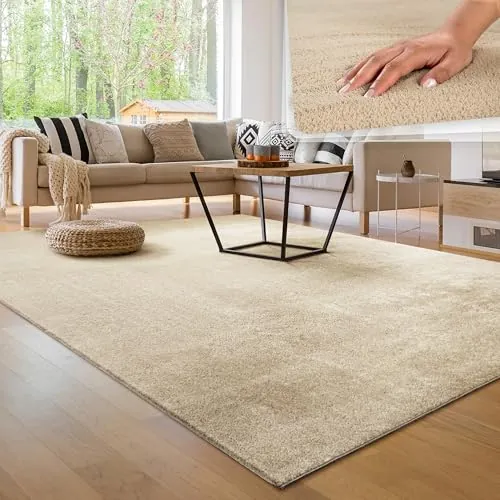Paco Home Alfombra Moderna y Suave para Salón a Pelo Corto Lavable Fluffy Uni Efecto Piel Intemporal Elegante Antideslizante Fácil de Limpiar, tamaño:200 cm Cuadrado, Color:Beige 2