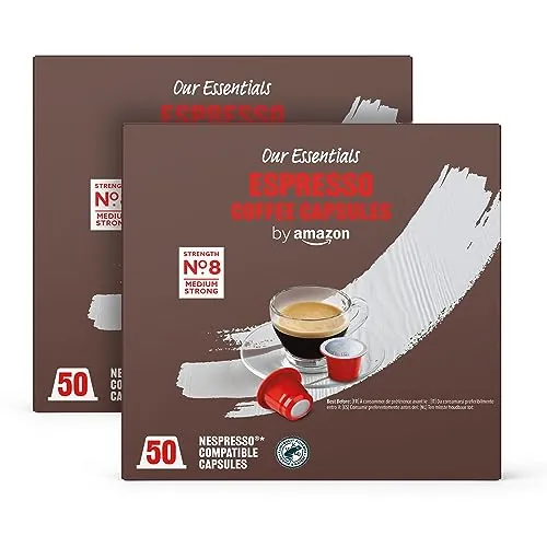 by Amazon Cápsulas de Café Espresso de Plástico Compatibles con Nespresso, Tostado Medio, 100 Unidades (2 Paquetes de 50), Certificadas por Rainforest Alliance