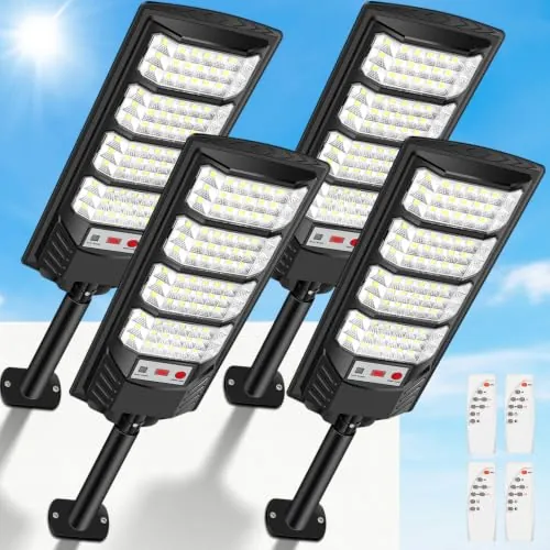 PEAKRO Farolas Solares Exterior, 600W Potente Focos LED Solar con Mando a Distancia, Sensor de Movimiento, IP66 Impermeable 6500K Luz Solar Exterior Lampara Solar Jardín para Garage Patio (4 Pack)