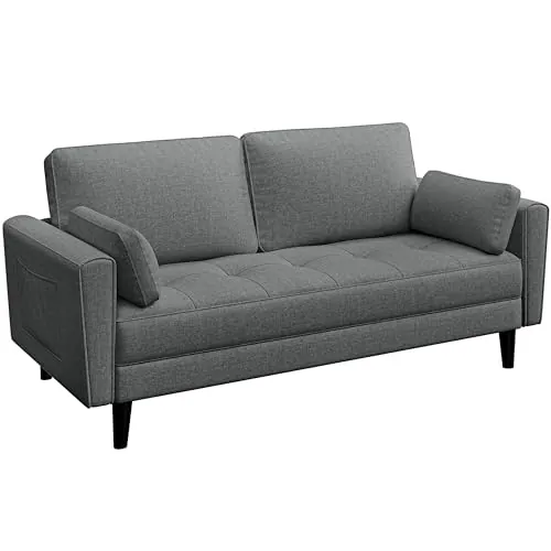 Yaheetech Sofá de 2 Plazas Tapizado Tela con Respaldo 170 cm Gris | Sofa de 2 Plazas de Tela, Sofa de 170 cm para Sala de Estar, con 2 Almohadas, con Reposabrazo, Bolsa Lateral.Capacidad 300 KG