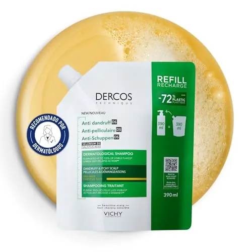 Vichy Champú Anticaspa, Cabellos Seco, Elimina la Caspa y Reduce los Picores, Cuero Cabelludo Limpio y Sano, Doble Eficacia, Unisex, Dercos Technique, Refill 390 ml