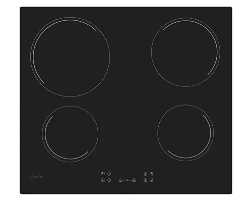Candy Idea CH64CCB 4U2 Placa Vitrocerámica 4 Fuegos, 60CM, 10 Niveles de Potencia, 6,5KW, Mandos Centrales, Indicador de Calor, Bloqueo de Seguridad, Alerta Sobrecalentamiento y Derrames, Negro