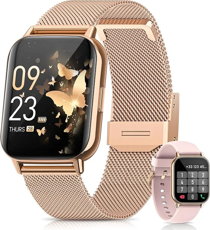 2026 Nuevo Reloj Inteligente Mujer, 1.85" AMOLED Smartwatch con Llamadas Función Femenina, 24H SpO2/Pulsómetro/Sueño,113+ Modos Deportivos 5ATM Calorías Podómetro WhatsApp Android iOS Oro Rosa, Regalo